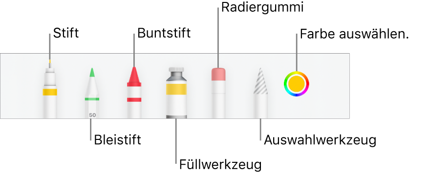 Die Zeichen-Symbolleiste in Numbers auf dem iPhone mit Werkzeugen wie Stift, Bleistift, Buntstift, Füllwerkzeug, Radiergummiwerkzeug, Auswahlwerkzeug und Farbfeld mit der aktuellen Farbe.