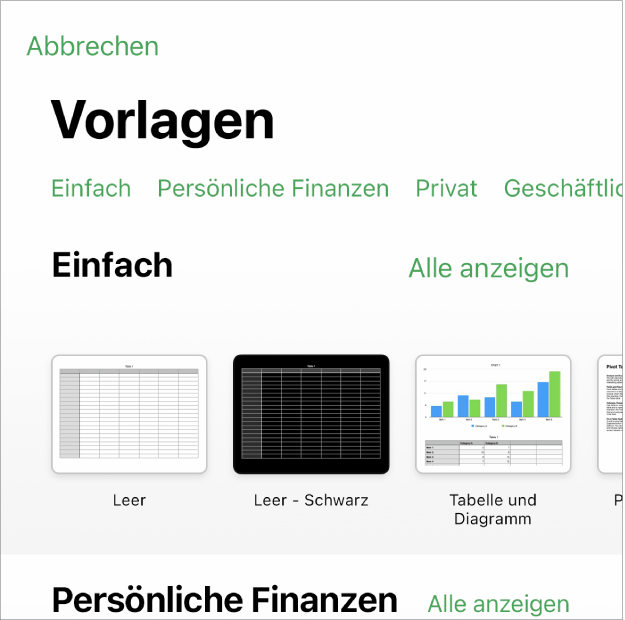 Die Vorlagenauswahl zeigt oben eine Zeile mit Kategorien, auf die du tippen kannst, um die Optionen zu filtern. Darunter sind Miniaturen der vordefinierten Vorlagen in Zeilen nach Kategorie sortiert.