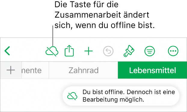 Die Tasten oben auf dem Bildschirm, darunter die Taste „Zusammenarbeit“, die als mit einer diagonalen Linie durchgestrichenen Wolke dargestellt wird. Ein Hinweis auf dem Bildschirm besagt, dass du offline bist, aber weiterhin arbeiten kannst.