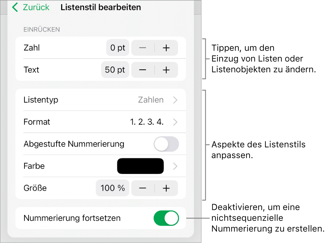 Das Menü „Listenstil bearbeiten“ mit Steuerelementen für Einzug, Listenart und -format, abgestufte Nummerierung, Listenfarbe und -größe sowie kontinuierliche Nummerierung.