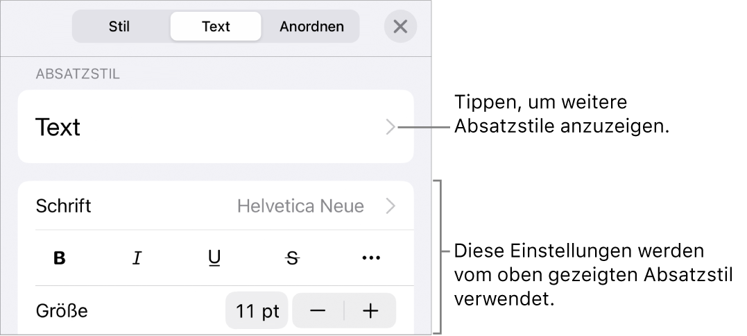 Das Menü „Format“ mit Textsteuerelementen zum Festlegen von Absatz- und Zeichenstilen, Schrift, Größe und Farbe