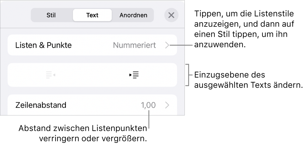 Der Abschnitt „Listen & Punkte“ der Formatsteuerungen mit Beschreibungen für „Listen & Punkte“, den Tasten „Einrücken“ und „Ausrücken“ und Steuerelemente für den Zeilenabstand