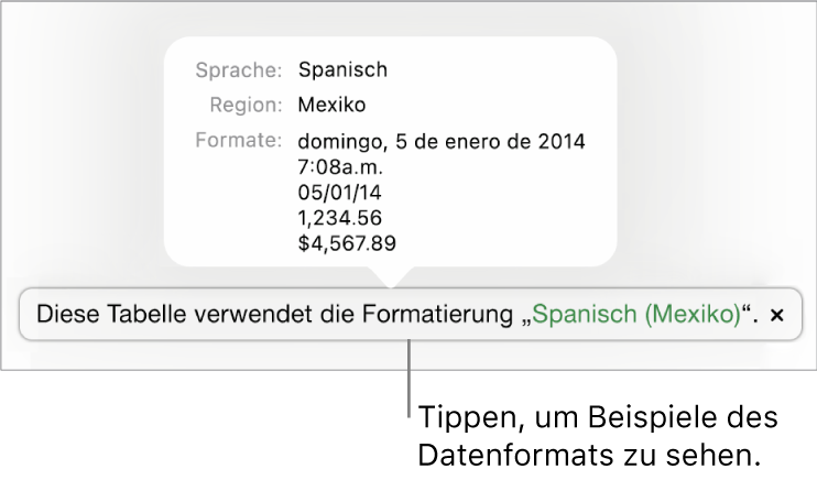 Die Mitteilung zur anderen Sprache und Region mit Beispielen der Formatierung in dieser Sprache und Region.