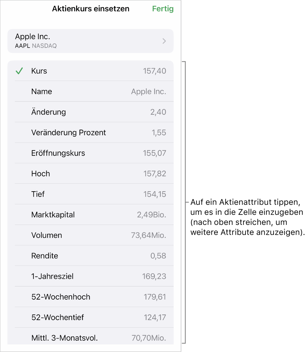 Das Popover „Aktienkurs“ mit dem Aktiennamen oben und den auswählbaren Aktienattributen, darunter aufgelistet sind u. a. der Kurs, der Name, die absolute und die prozentuale Änderung und der Eröffnungskurs.