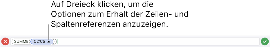 Formeleditor, der zeigt, wie die Zeilen- und Spaltenreferenzen beim Kopieren oder Bewegen der Zelle erhalten bleiben.