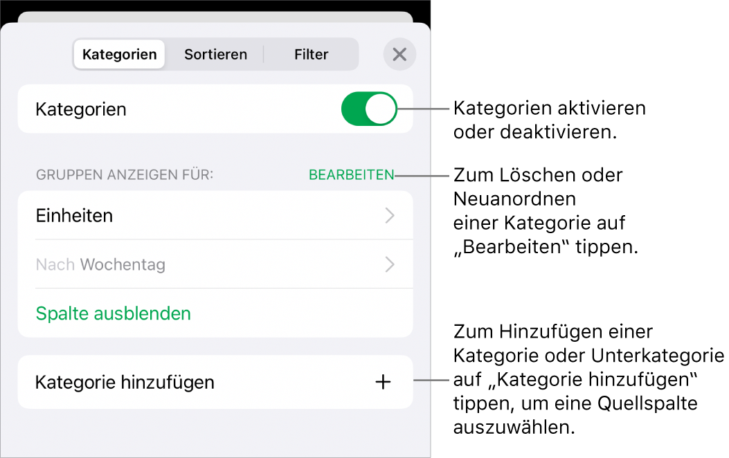 Das Menü „Kategorien“ für iPhone mit Optionen zum Deaktivieren von Kategorien, zum Löschen von Kategorien, zum Neugruppieren von Daten, zum Ausblenden einer Quellenspalte und zum Hinzufügen von Kategorien