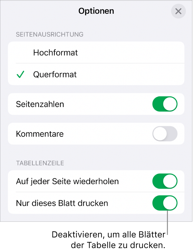 Druckoptionen zum Auswählen von Papierformat, Anzeigen von Seitenzahlen und Tabellentiteln und Auswählen der Papiergröße und welche Seiten gedruckt werden sollen.