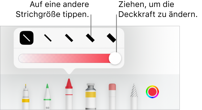 Steuerelemente zum Auswählen einer Strichstärke und ein Schieberegler zum Anpassen der Deckkraft