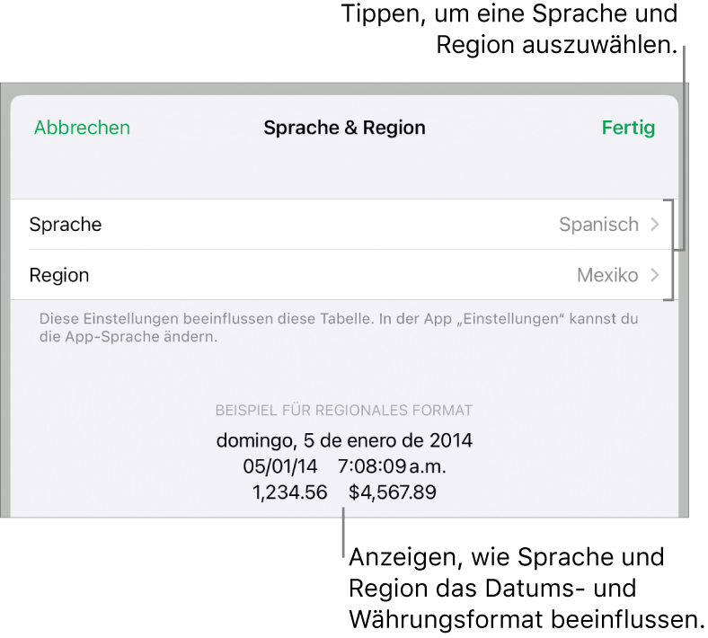 Das Fenster „Sprache & Region“ mit Einblendmenüs für Sprache und Region sowie einem Formatierungsbeispiel für Datum, Uhrzeit, Dezimalstellen und Währung.