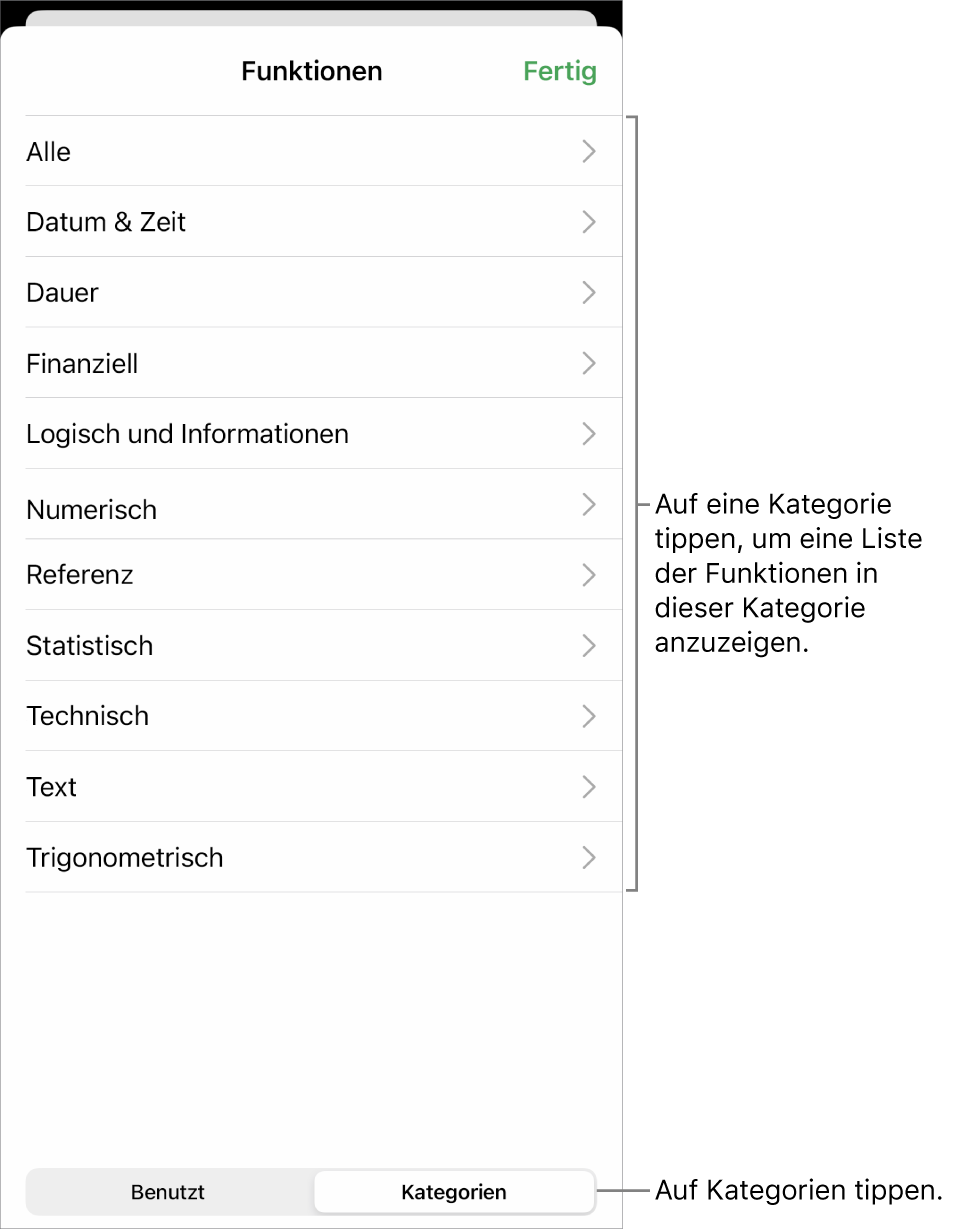 Die Funktionsübersicht mit ausgewählter Taste „Kategorien“, darunter befindet sich die Liste der Kategorien.