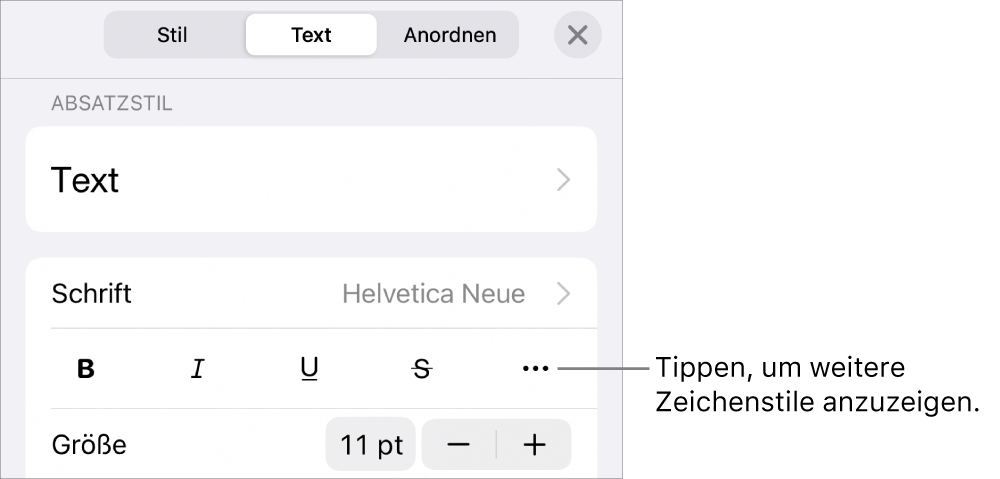 Die Steuerelemente für das Format mit Absatzstilen oben, dann die Steuerelemente für die Schrift. Unter „Schrift“ befinden sich die Tasten „Fett“, „Kursiv“, „Unterstrichen“, „Durchgestrichen“ und „Weitere Textoptionen“.