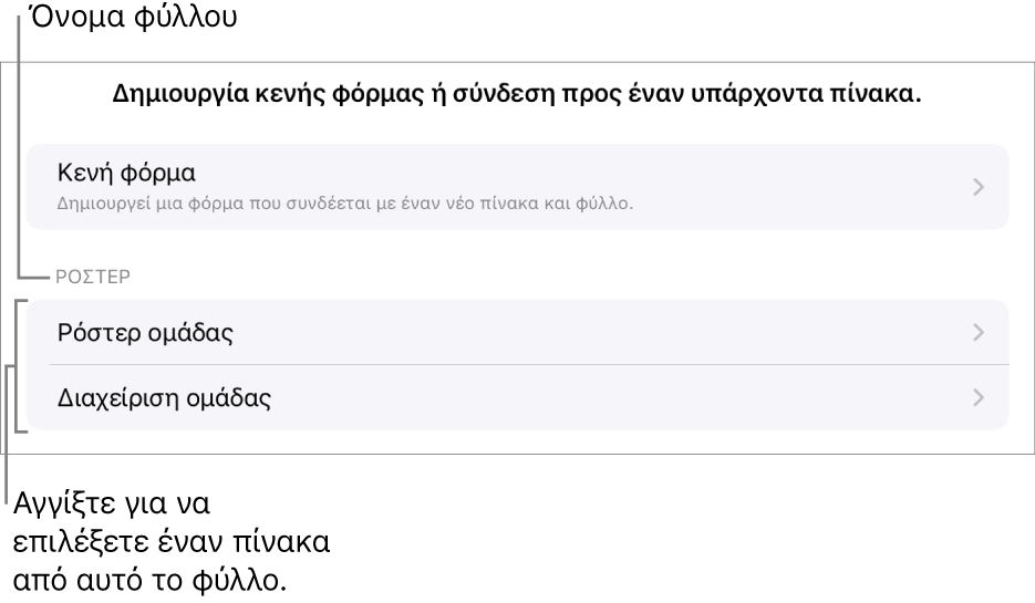 Μια λίστα πινάκων που βρίσκονται στο ίδιο υπολογιστικό φύλλο με την επιλογή δημιουργίας μιας κενής φόρμας στο πάνω μέρος.