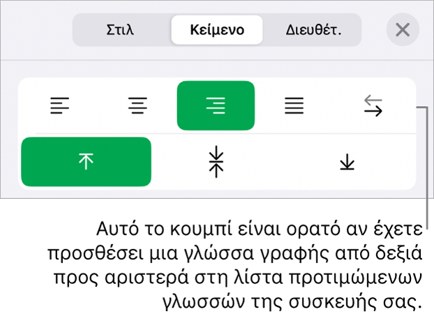 Η ενότητα «Στιλ» του μενού «Μορφή» με επεξήγηση για το κουμπί «Δεξιά προς αριστερά».