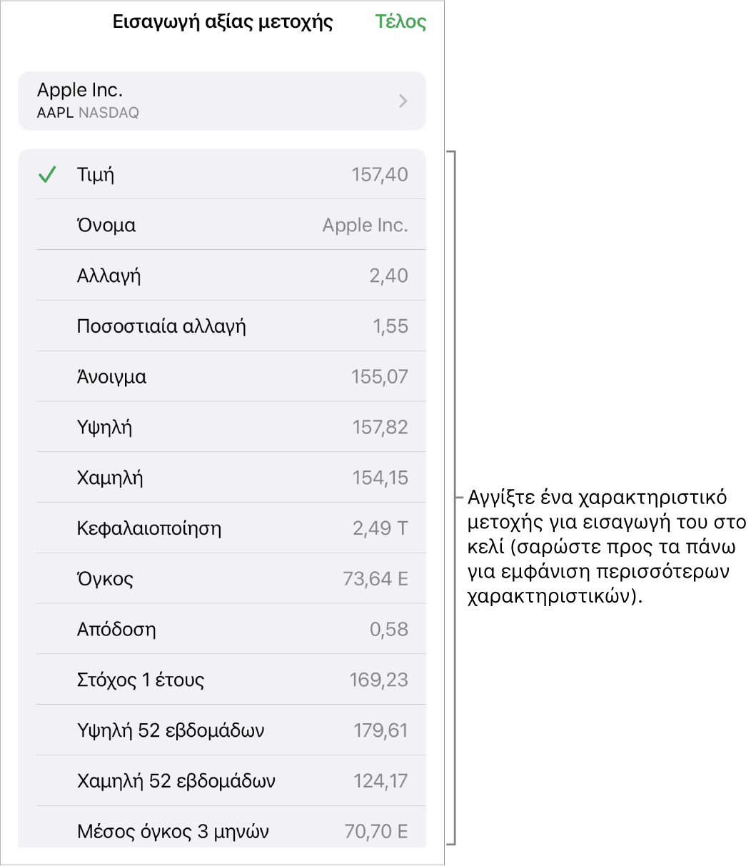 Το αναδυόμενο παράθυρο αξίας μετοχής, με το όνομα της μετοχής στο πάνω μέρος και τα επιλέξιμα χαρακτηριστικά μετοχής, όπως αξία, όνομα, μεταβολή, ποσοστιαία μεταβολή και άνοιγμα να παρουσιάζονται από κάτω.