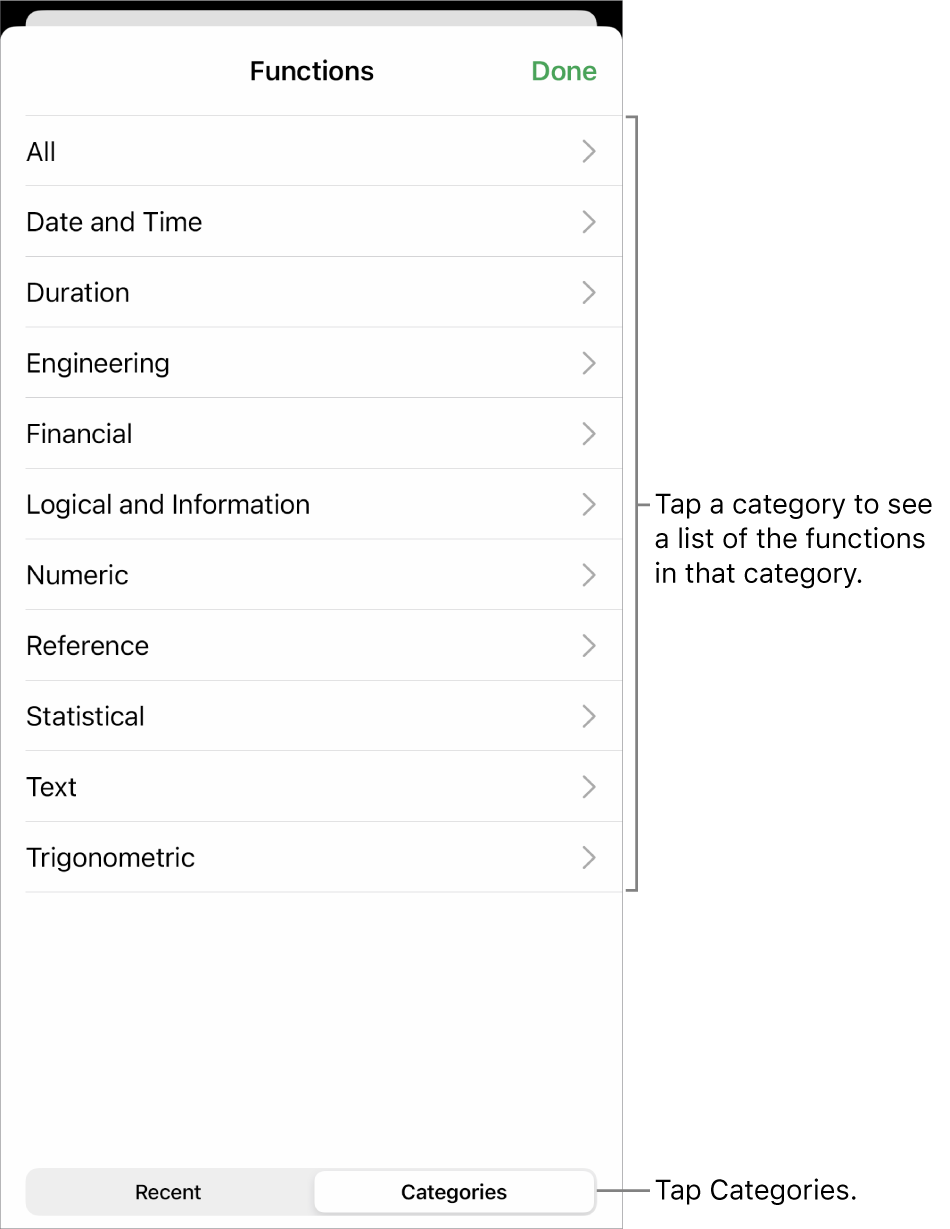 The Functions Browser with the Categories button selected and the list of categories below.