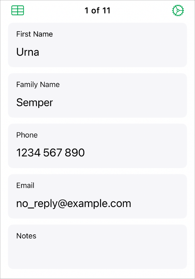 One record in a form with fields for name, phone number, email and more. Also, the controls to view the linked table and form set-up controls.