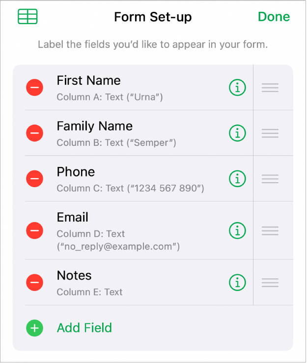 Form set-up controls, showing options to add, edit, reorder and delete fields, as well as to change the format of fields (such as from Text to Percentage).