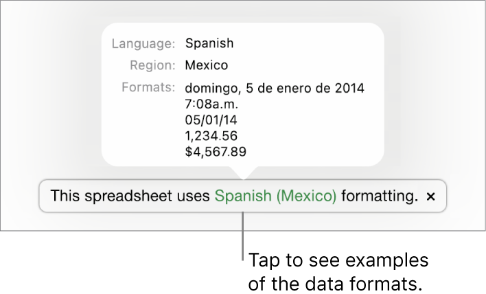 The notification of the different language and region settings, showing examples of formatting for that language and region.