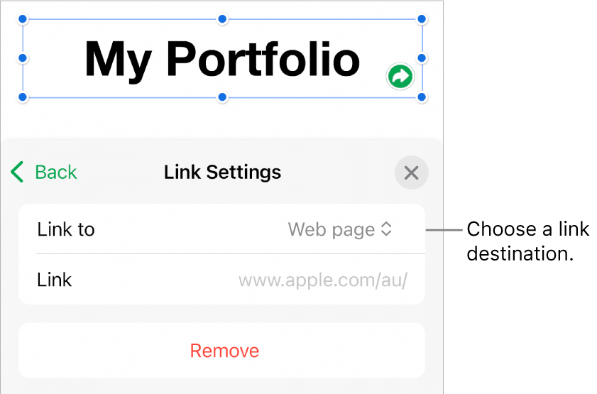 The Link Settings controls with Web Page selected, and the Remove button at the bottom.