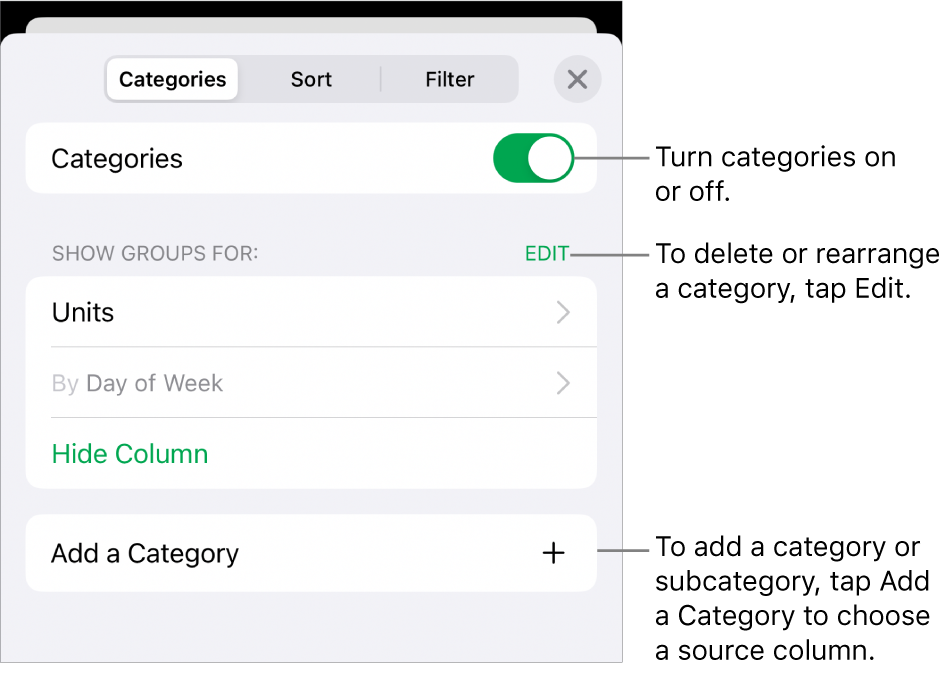 The Categories menu for iPhone with options for turning categories off, deleting categories, regrouping data, hiding a source column and adding categories.