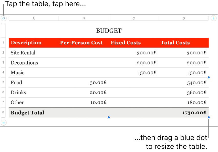 A selected table with blue dots for resizing.