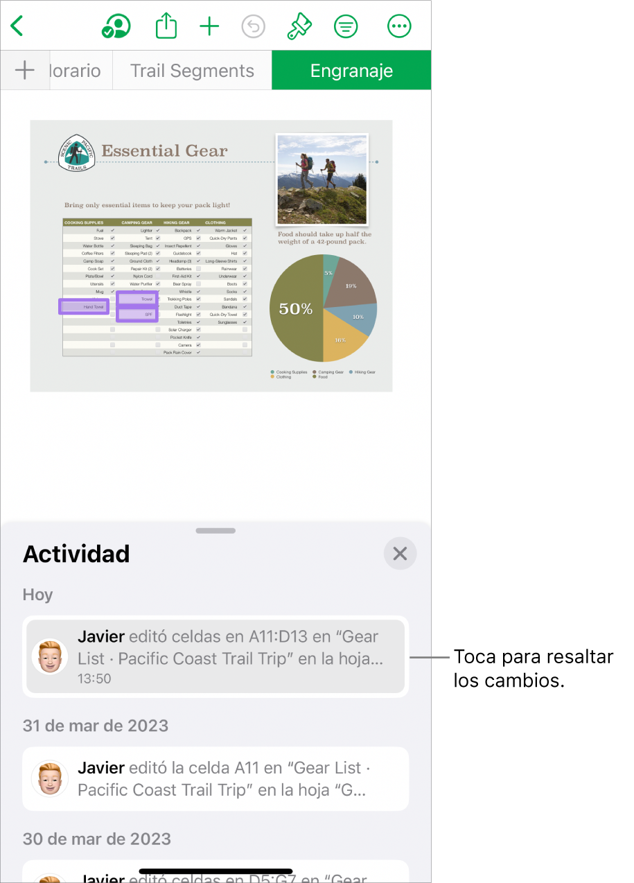 Una hoja de cálculo colaborativa con el menú de colaboración y la lista de actividad abiertos.