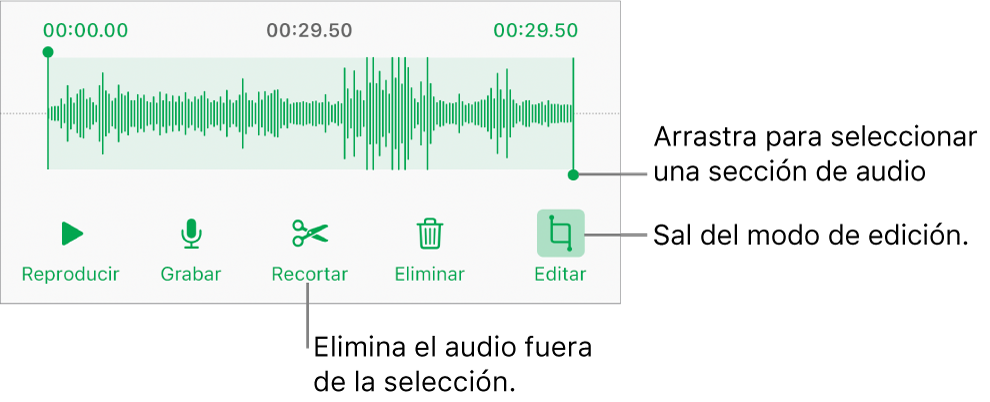 Controles para editar grabaciones de audio. Las manijas indican la sección seleccionada de la grabación. Los botones Previsualizar, Grabar, Recortar, Eliminar y Salir del modo de edición se encuentran abajo.