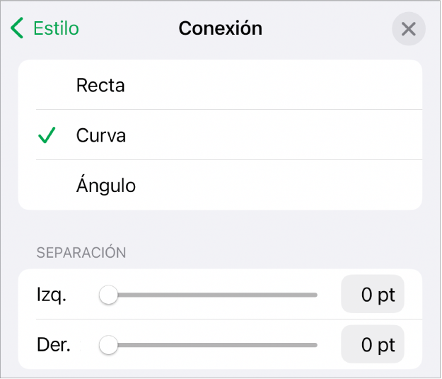 Los controles de Conexión con la opción Curva seleccionada.