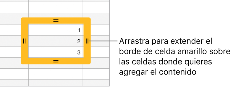 Una celda seleccionada con un borde amarillo grande que puedes arrastrar para que las celdas se autorrellenen.