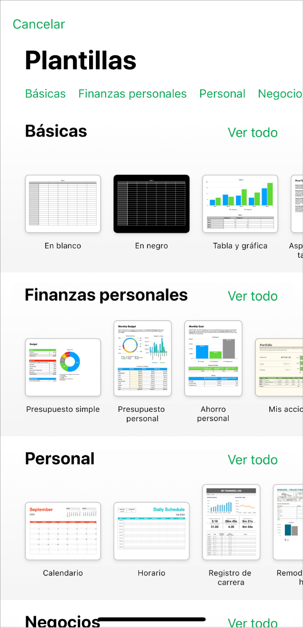 El selector de plantilla muestra una fila de categorías a lo largo de la parte superior en las que puedes tocar para filtrar las opciones. En la parte inferior, organizadas en filas por categoría, aparecen miniaturas de las plantillas prediseñadas, comenzando con la categoría Básicas en la parte superior, seguida por las categorías Finanzas personales, Personal y Negocios. En la parte superior derecha de cada fila de categoría aparece un botón Ver todo. El botón Cancelar se encuentra en la esquina superior derecha.