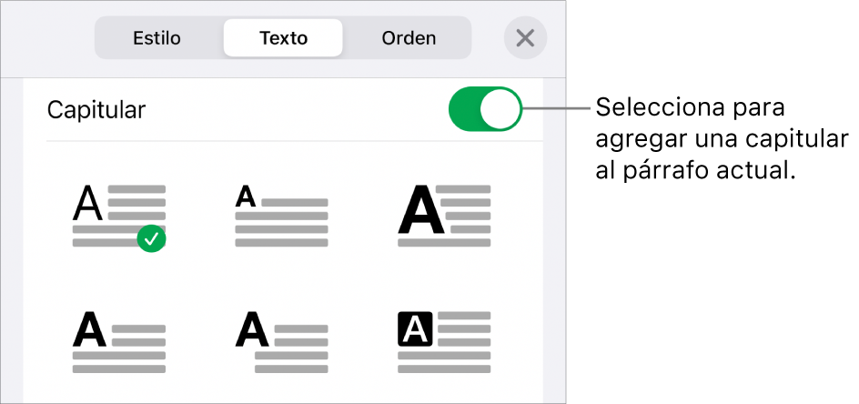 Los controles de letra capitular en el menú Texto.