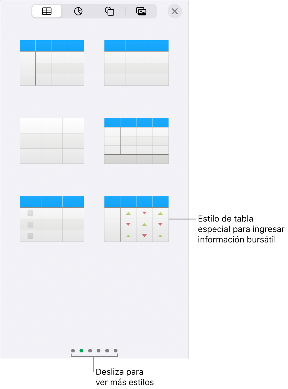 Imágenes en miniatura de los estilos de tabla disponibles con un estilo especial para ingresar información bursátil en la esquina inferior derecha. Seis puntos al final indican que puedes deslizar para ver más estilos.