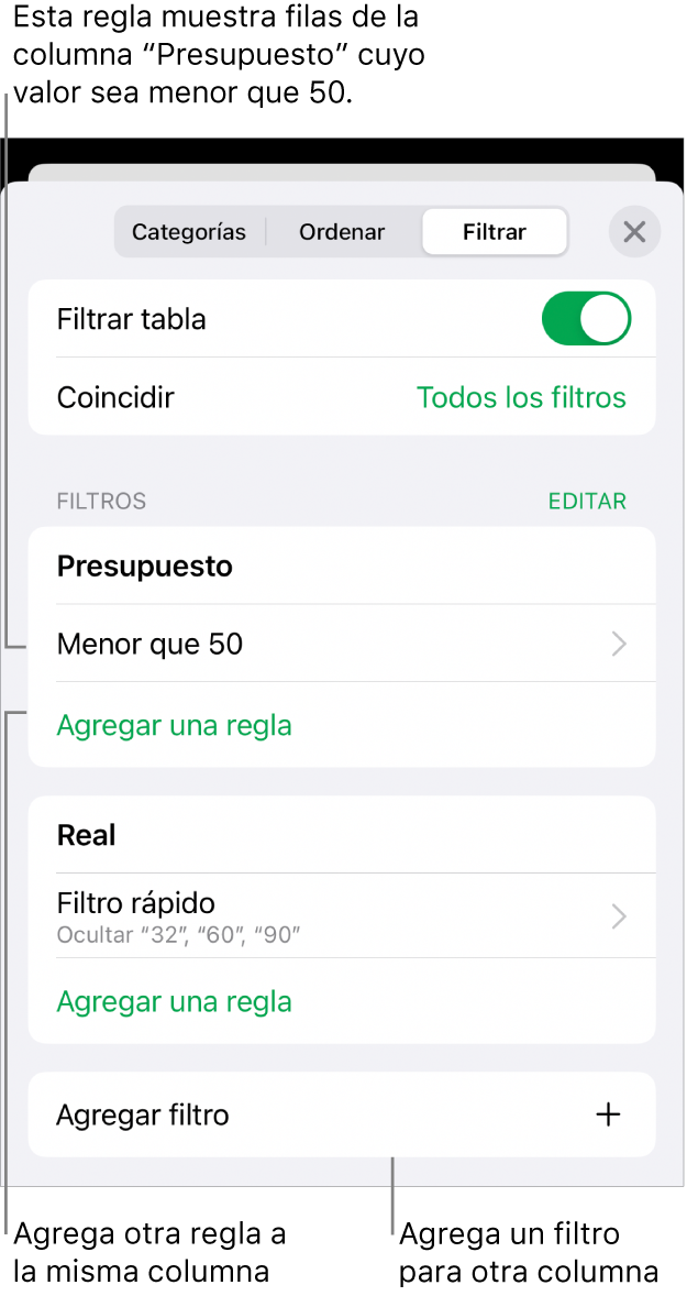 Controles para agregar nuevas reglas de filtrado o para editar las existentes.