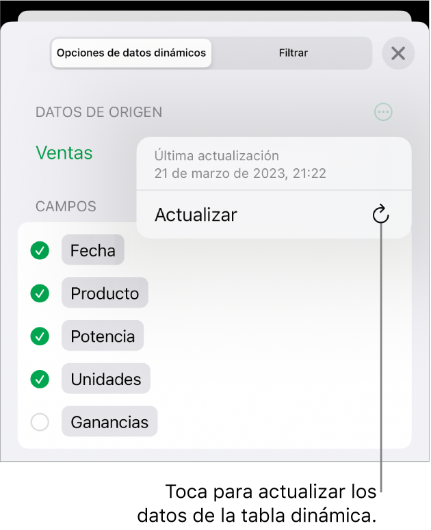 El menú Opciones de datos dinámicos mostrando la opción de actualizar la tabla dinámica.