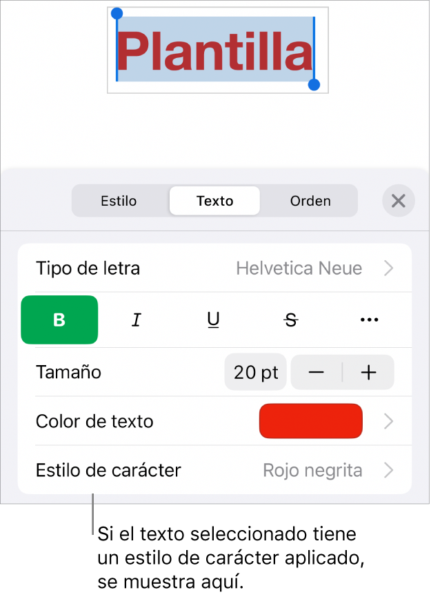 Los controles de formato de texto con Estilo de carácter debajo de los controles de color. El estilo de carácter Ninguno aparece con un asterisco.