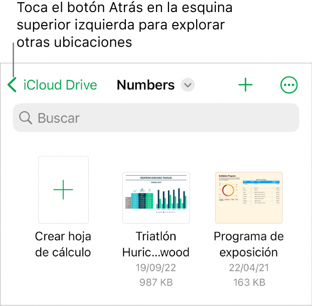 La vista de exploración del administrador de hojas de cálculo con un enlace de ubicación en la esquina superior izquierda y debajo de ella un campo de búsqueda. En la esquina superior derecha se encuentra el botón Agregar hoja de cálculo y el botón Más. En la parte inferior de la pantalla están el botón Recientes y el botón Explorar.