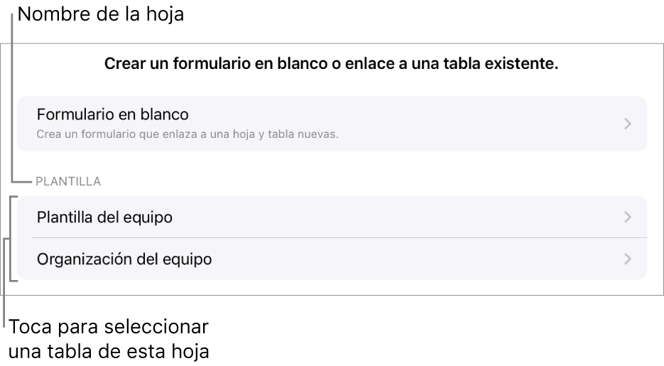 Una lista de tablas que están en la misma hoja de cálculo, con la opción de crear un formulario en blanco en la parte superior.