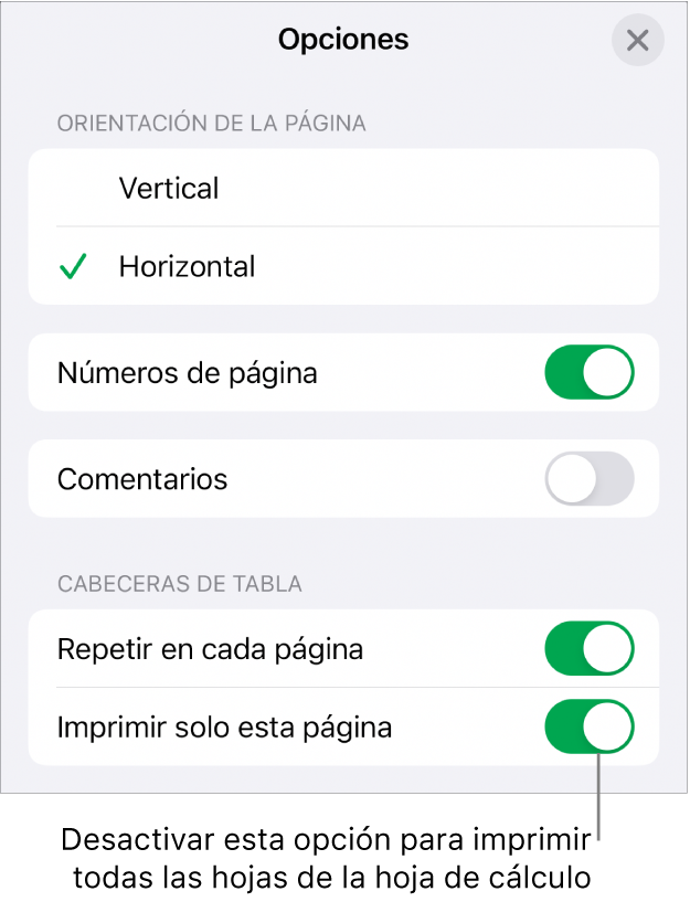 Opciones de impresión para seleccionar la orientación de la página, mostrar el número de páginas y las cabeceras, así como para seleccionar el tamaño del papel y qué páginas imprimir.