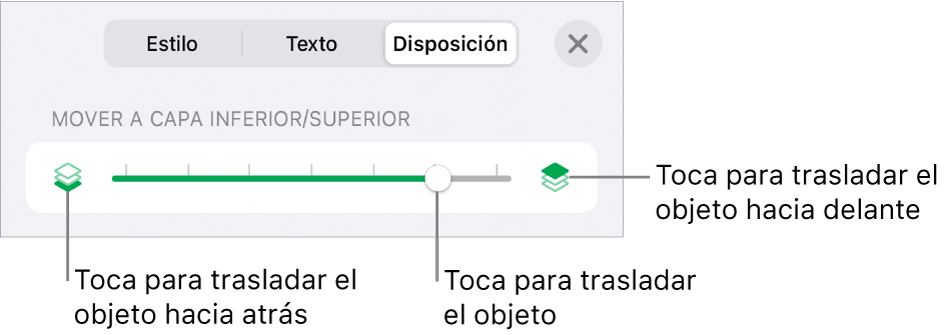 Botón “Mover hacia atrás”, botón “Mover hacia delante” y regulador de capa.