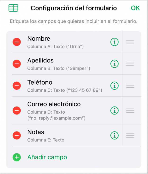 Controles configuración de formulario, con opciones para añadir, editar, reordenar y eliminar campos, así como para cambiar el formato de los campos (como de Texto a Porcentaje).