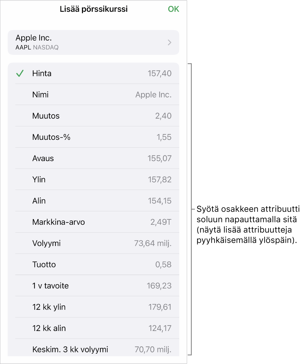 Pörssikurssi-ponnahdusikkuna, jonka yläreunassa näkyy osakkeen nimi ja sen alla luettelo valittavista osakkeen attribuuteista, kuten hinta, nimi, muutos, muutos-% ja avaus.