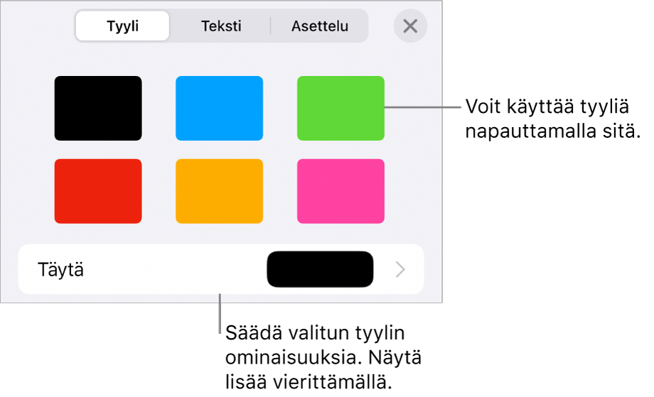 Muoto-valikon Tyyli-välilehti, jossa on ylhäällä objektityylejä ja niiden alla säädin, jolla muutetaan täyttöä.