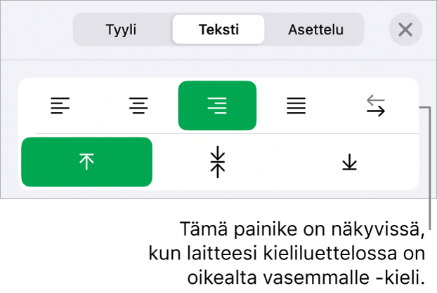 Muoto-painikkeen Tyyli-valikko ja Oikealta vasemmalle -painikkeen selite.