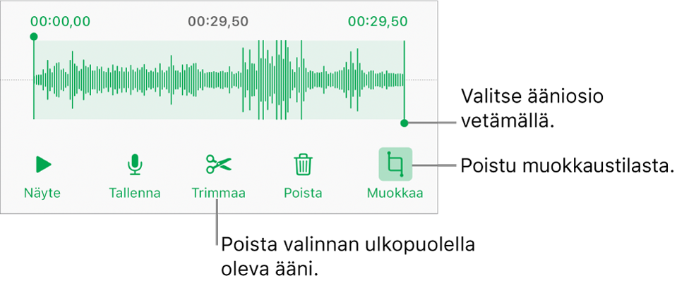 Säätimet tallennetun äänen muokkaamiseen. Kahvat osoittavat äänitysosion. Alla on painikkeet esikuuntelulle, tallentamiselle, trimmaamiselle, poistamiselle ja muokkaustilalle.