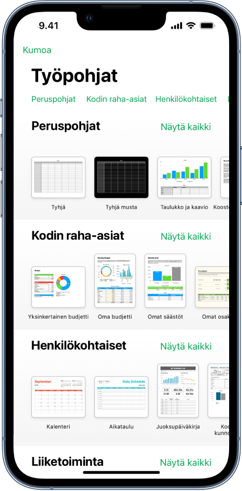 Työpohjan valitsin, jonka yläreunassa näkyy kategorioiden rivi, jota napauttamalla voidaan suodattaa vaihtoehtoja. Alla on esimääritettyjä työpohjia, jotka on järjestetty riveihin kategorian mukaan siten, että yläreunassa ovat äskeiset työpohjat ja niiden alla peruspohjat ja Kodin raha-asiat. Näytä kaikki -painike tulee näkyviin kunkin kategorian yläpuolelle oikealla. Kieli ja alue -painike on oikeassa yläkulmassa.