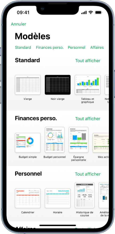 Le sélecteur de modèles affiche en haut une rangée de catégories que vous pouvez toucher pour filtrer les options. En dessous, des vignettes de modèles prédéfinis sont disposées en rangées par catégorie, en commençant en haut par Récents, suivi de Standard et de Finances personnelles. Un bouton « Voir tout » apparaît au-dessus et à droite de la ligne de chacune des catégories. Le bouton Langue et région se trouve dans le coin supérieur droit.