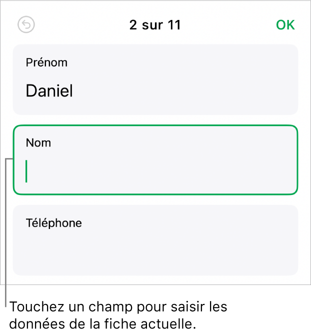 Une fiche dans un formulaire affichant un champ actif avec un point d’insertion.