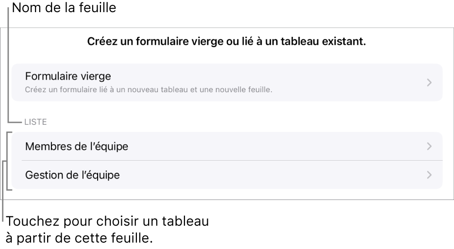 Une liste de tableaux qui se trouvent dans la même feuille de calcul, avec l’option de créer un formulaire vierge en haut.