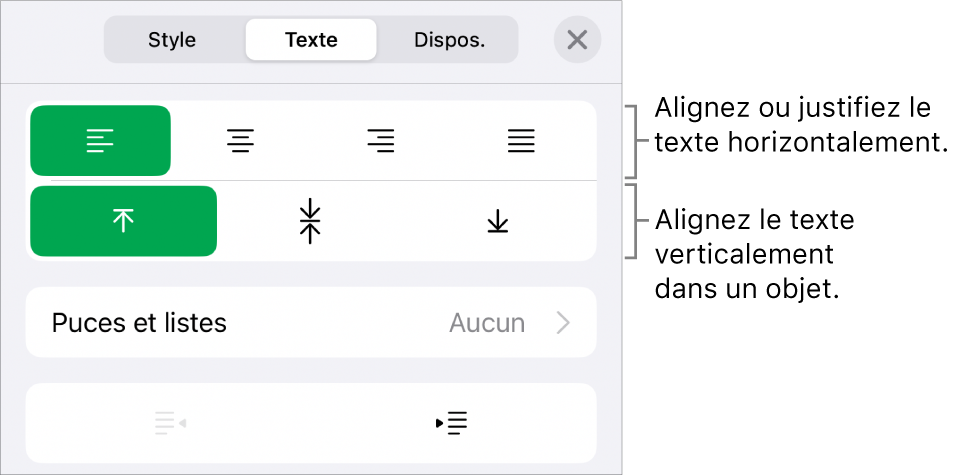 Section Disposition de l’inspecteur Format avec les légendes des boutons d’alignement et d’espacement de texte.