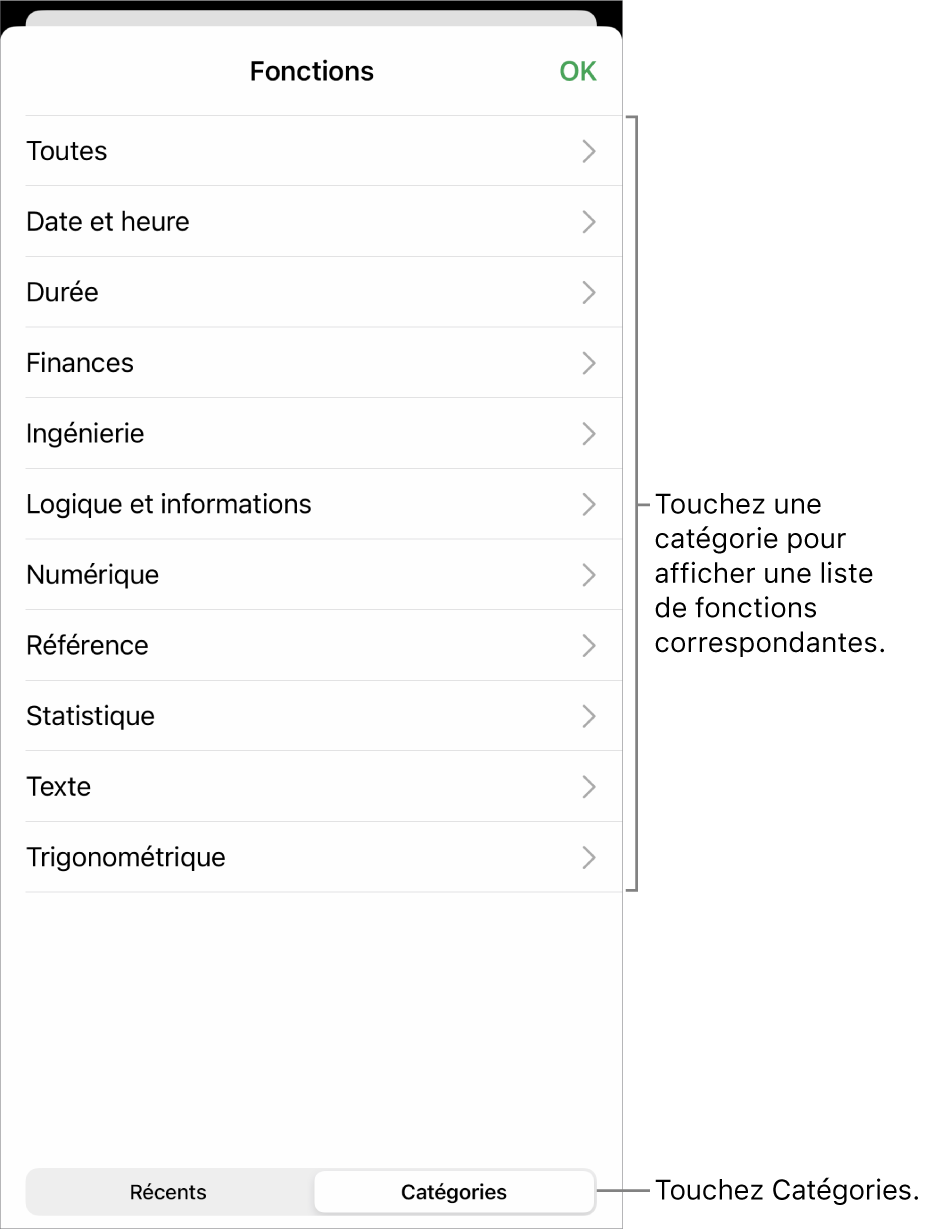 Navigateur de fonctions avec une légende pour le bouton Catégories et la liste des catégories.